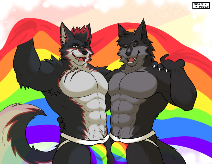 2021 abs anthro arm_around_shoulders bulge canid canine canis clothing duo eyebrows flag fur hair hand_on_hip hand_on_shoulder hi_res holding_flag holding_object jockstrap lgbt_history_month lgbt_pride looking_at_viewer male mammal multicolored_clothing multicolored_underwear muscular muscular_anthro muscular_male navel one_eye_closed open_mouth open_smile pecs pride_color_clothing pride_color_underwear pride_colors rainbow_clothing rainbow_flag rainbow_pride_flag rainbow_symbol rainbow_underwear scar seandemon simple_background smile standing tuft underwear watermark white_background wink wolf