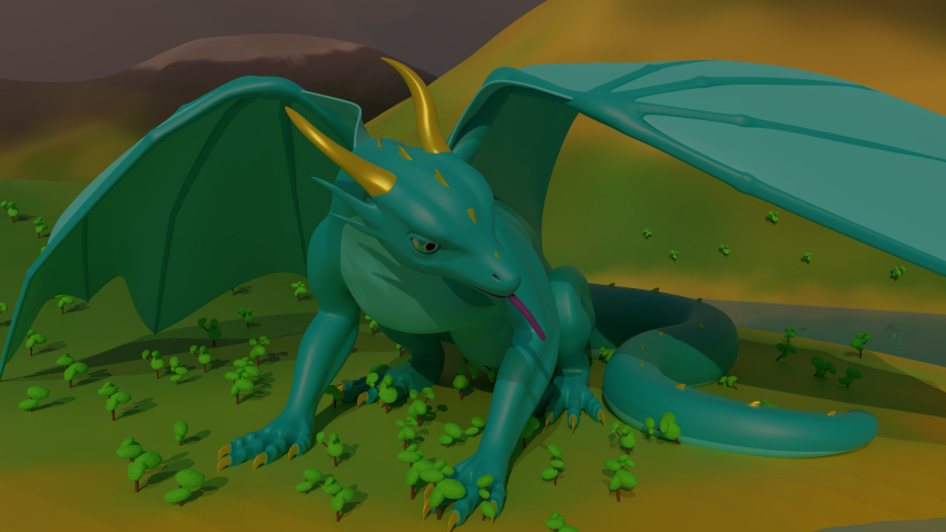 16:9 3d_(artwork) absurd_res blue_body blue_eyes blue_skin claws digital_media_(artwork) digitigrade dragon female feral hi_res horn landscape macro membrane_(anatomy) membranous_wings mountain nystemy_(artist) nystemy_(character) plant purple_tongue raytraced sitting solo teal_belly thick_tail tongue tongue_out tree water widescreen wings yellow_claws yellow_horn yellow_spikes