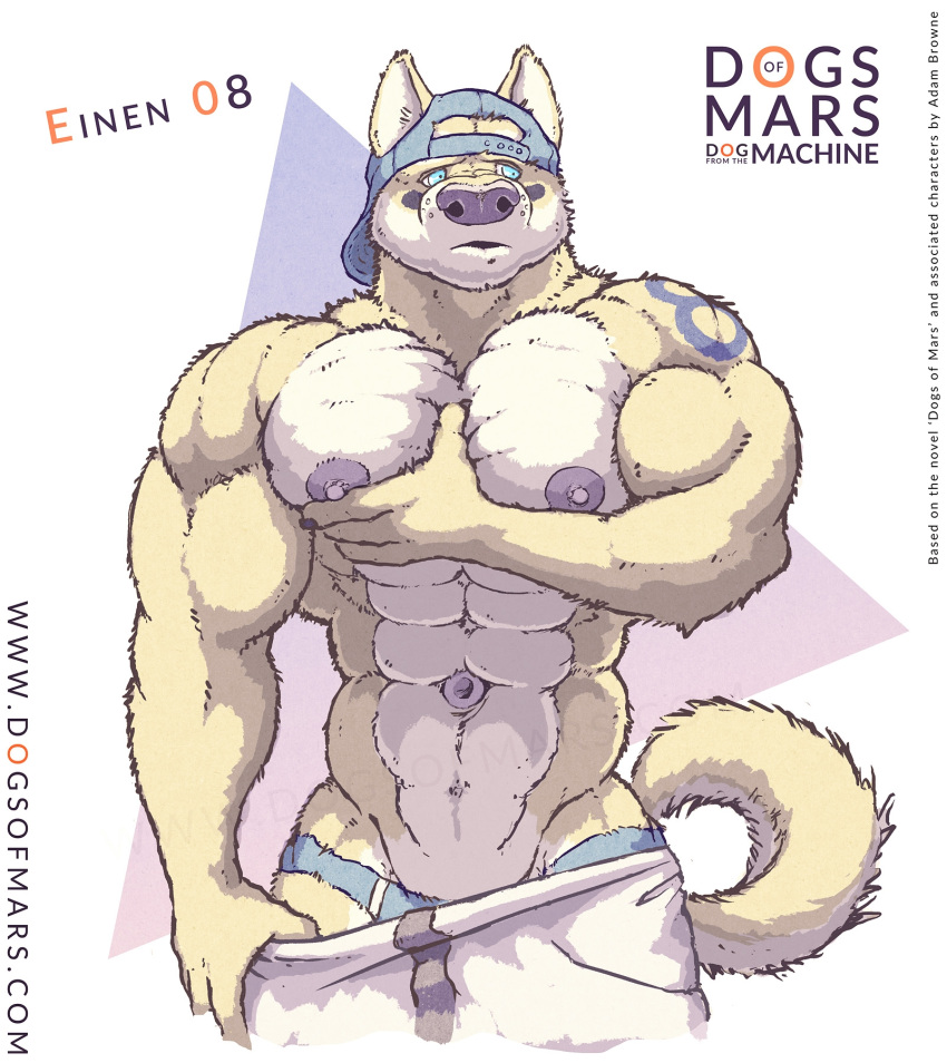 anthro baseball_cap blue_eyes bottomwear canid canine canis clothing domestic_dog einen_(dogs_of_mars) facial_markings fur hand_on_chest hat head_markings headgear headwear hi_res imperiumlupi looking_sideways male mammal markings markings_(fur) muscular muscular_anthro muscular_male nipples pants solo speedo swimwear undressing watermark white_body white_fur yellow_body yellow_fur