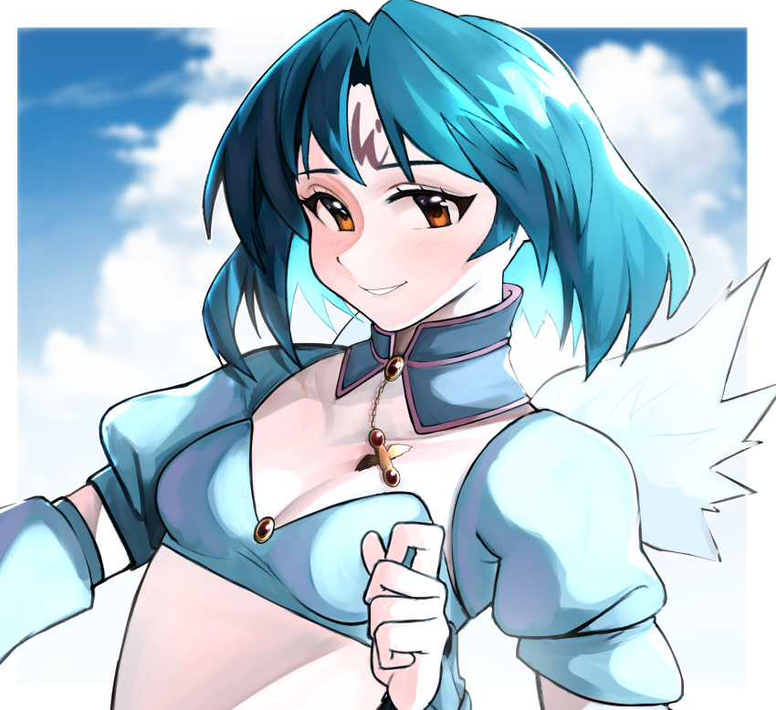 .hack// 1girl absurdres angel_wings bangs breasts cleavage cloud commission detached_collar eyebrows facial_mark forehead_mark highres kumaartsu looking_at_viewer medium_breasts medium_hair open_mouth puffy_short_sleeves puffy_sleeves short_sleeves sky solo subaru_(.hack//) upper_body wings