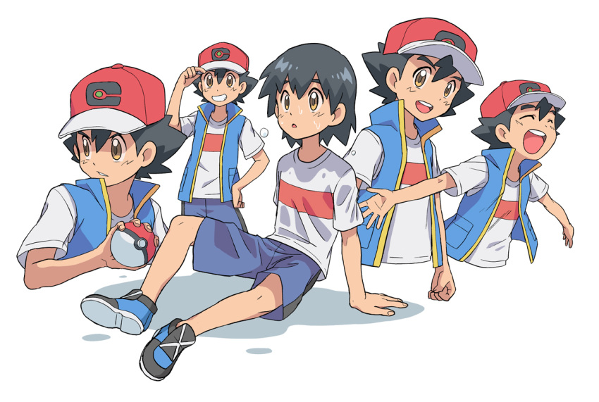 1boy ash_ketchum bangs baseball_cap black_hair blue_jacket brown_eyes bubble commentary_request dododo_dadada grin hair_between_eyes hand_on_headwear hand_on_hip hat holding holding_poke_ball jacket male_focus multiple_views open_mouth outstretched_arms parted_lips poke_ball pokemon pokemon_(anime) pokemon_swsh_(anime) red_headwear shirt shoes short_sleeves shorts sleeveless sleeveless_jacket smile t-shirt teeth tongue upper_teeth wet white_shirt |d