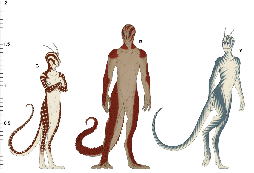 alien ambiguous_gender antennae_(anatomy) blue_body blue_eyes blue_skin blue_stripes brown_body brown_skin digitigrade green_eyes group hi_res humanoid purple_eyes ramul red_body red_scales scales simple_background spiked_tail spikes spikes_(anatomy) spots stripes white_background white_body white_skin white_spots