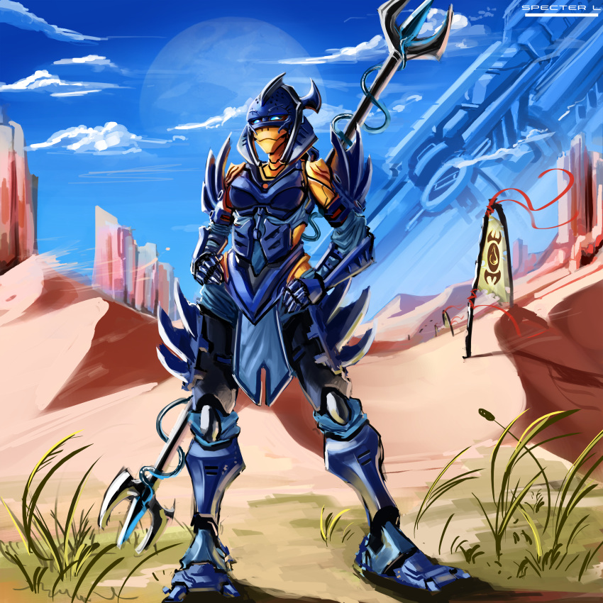 1:1 2021 absurd_res armor bionicle biped blue_eyes breasts clothed clothing cloud cybernetics desert detailed_background digital_drawing_(artwork) digital_media_(artwork) english_text female fingers flag glatorian grass hands_on_hips headgear helmet hi_res humanoid kiina landscape lego looking_at_viewer machine melee_weapon mountain not_furry outside plant polearm robot robotics rock rock_formation sky solo spear specter_l staff standing strings text topwear weapon yellow_body