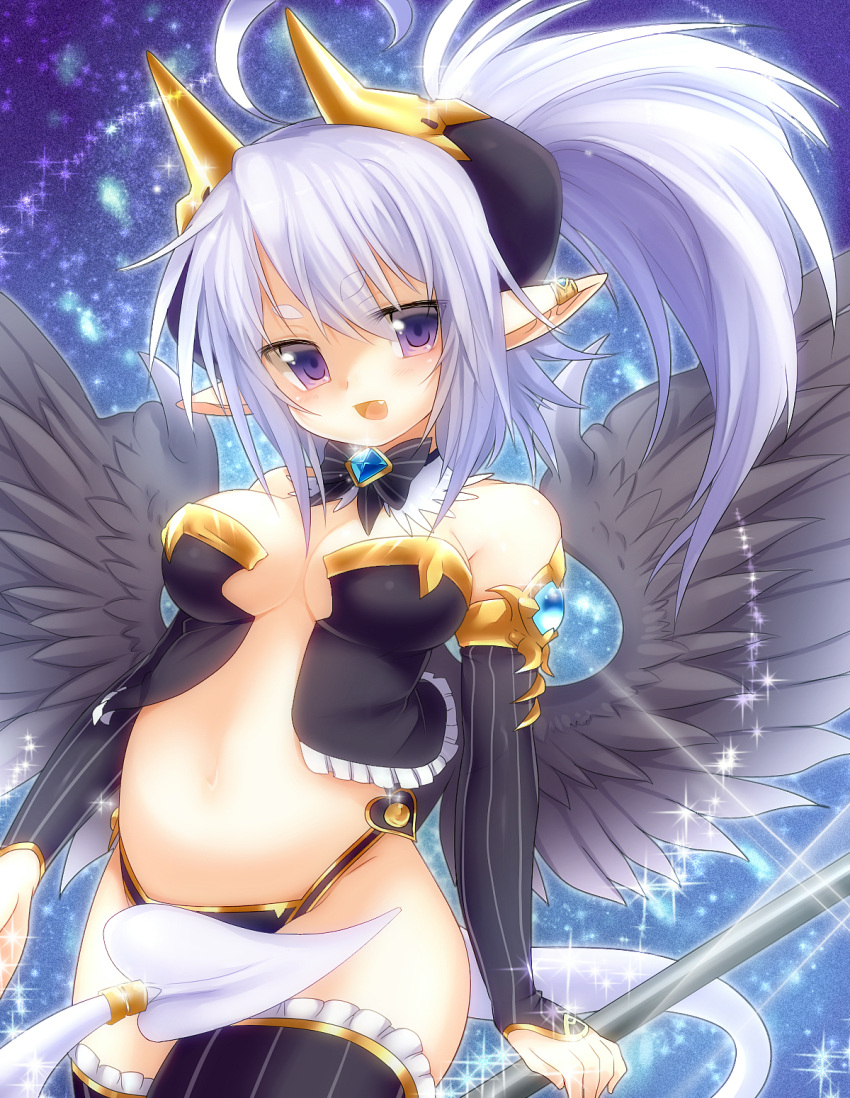 2015 black_wings blush breasts cute_fangs feathered_wings feathers female hi_res horn humanoid humanoid_pointy_ears looking_at_viewer mofuaki not_furry open_mouth purple_eyes smile solo white_tail winged_humanoid wings young