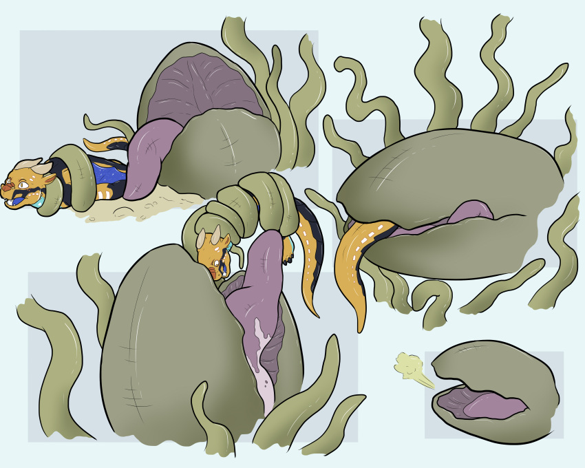 5:4 absurd_res anthro bivalve bodily_fluids clam dragon duo eating entangled feral hamham5 hi_res invalid_tag licking line_art male male/male marine mollusk own_character saliva saliva_on_tongue saliva_string tongue tongue_out vines vore