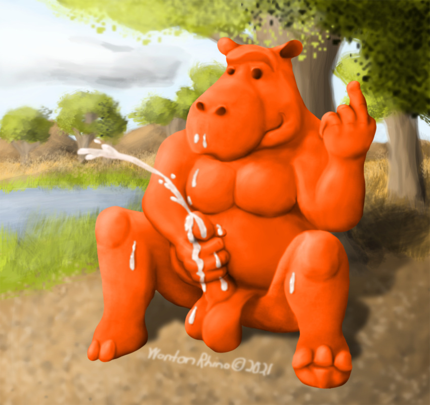 2021 anthro balls beady_eyes beckoning belly bodily_fluids clay cloud cum detailed_background ejaculating_cum ejaculation eye_contact genital_fluids genitals gesture goo_creature hand_on_penis hi_res hippopotamid hooves looking_at_another male mammal masturbation nude nude_male orange_body overweight overweight_anthro overweight_male penis plant savanna shaded shaded_background shaded_color shaded_face sitting sky smile smiling_at_viewer solo tree watering_hole wontonrhino