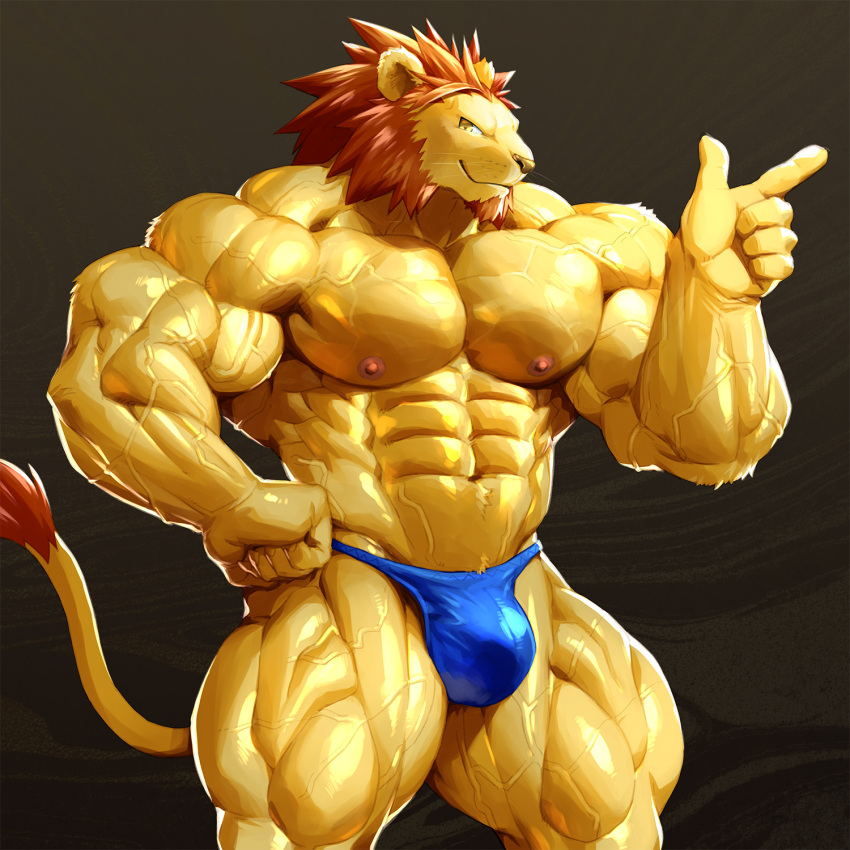 1:1 abs anthro big_muscles biped blue_clothing blue_underwear brown_body brown_fur brown_mane bulge cel_shading claws clothing digital_media_(artwork) felid finger_claws fist fluffy fluffy_tail fur gesture glistening glistening_arms glistening_body glistening_legs hair hi_res huge_muscles kuroma lion looking_at_viewer male mammal mane monotone_body monotone_clothing monotone_eyes monotone_fur monotone_hair monotone_nose monotone_underwear muscular muscular_anthro muscular_male navel nipples pantherine pecs pointing portrait pose shaded simple_background solo swimming_trunks swimwear three-quarter_portrait underwear veiny_muscles whiskers yellow_body yellow_eyes yellow_nose yellow_theme