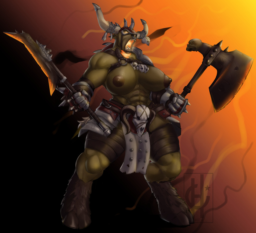 2021 abs absurd_res anthro armor axe beastmen biceps big_breasts bottomwear bovid bovine breasts clothing crossgender digital_media_(artwork) dual_wielding european_mythology facial_piercing female gauntlets gloves greek_mythology handwear heid_(artist) hi_res holding_object holding_weapon hooves horn loincloth mammal melee_weapon minotaur mtf_crossgender muscular muscular_anthro muscular_female muscular_thighs mythology nose_piercing nose_ring open_mouth piercing serratus solo taurox_the_brass_bull triceps warhammer_(franchise) warhammer_fantasy weapon