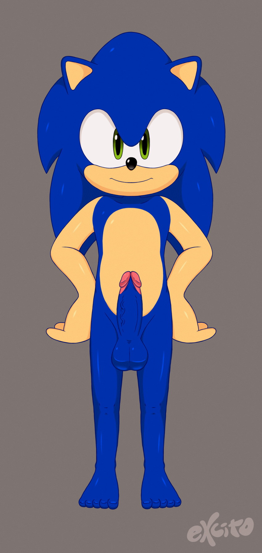 2021 anthro balls black_nose blue_hair digital_media_(artwork) erection eulipotyphlan excito front_view full-length_portrait genitals green_eyes grey_background hair hands_on_hips hedgehog hi_res looking_at_viewer male mammal nude penis portrait sega signature simple_background solo sonic_the_hedgehog sonic_the_hedgehog_(series) standing
