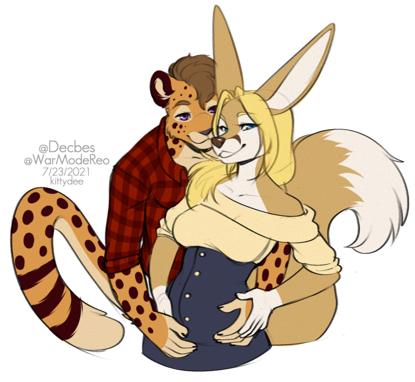 2021 alpha_channel anthro blonde_hair blue_eyes breasts canid canine cheetah clothed clothing digital_media_(artwork) eyebrows eyelashes felid feline female fennec fox hair kittydee male mammal purple_eyes smile