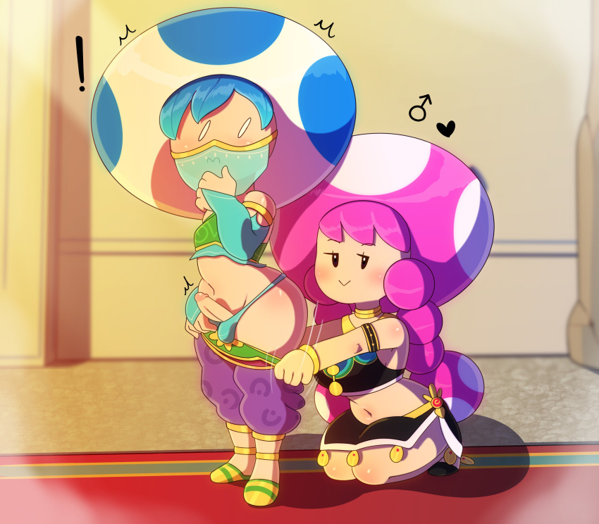 ! &lt;3 absurd_res assisted_exposure assisted_undressing blue_hair blue_toad blush boo_t. breath_of_the_wild caught clothed clothing crossdressing duo elemental_creature elemental_humanoid exposed female fungi_fauna fungi_humanoid fungus gender_symbol genitals gerudo_outfit girly hair hi_res humanoid male male/female mario_bros mushroom mushroom_humanoid navel nintendo not_furry pink_hair pulling_down_pants short_stack somescrub surprise surprised_expression symbol the_legend_of_zelda toad_(mario) toadette veil video_games ♂