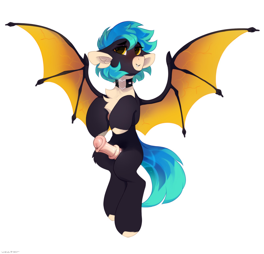 2020 absurd_res animal_genitalia animal_penis bat_pony black_body blue_hair chest_tuft collar equid equine_penis erection fan_character feral flared_penis fran_(oc) fur genitals hair hasbro hi_res hooves inner_ear_fluff male mammal medial_ring membrane_(anatomy) membranous_wings my_little_pony penis quadruped simple_background smile solo tuft white_background white_body white_fur white_inner_ear wings yellow_eyes zlatavector