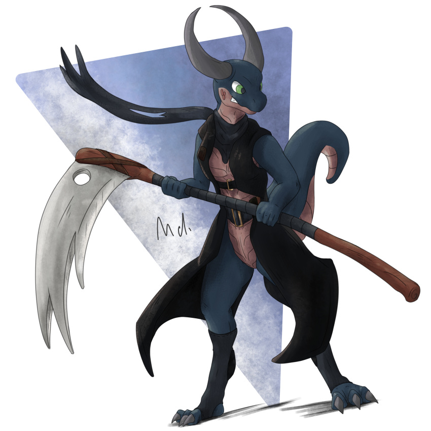 absurd_res alpha_channel angry anthro belt buckle clothing coat dragon female footwear hi_res horn melee_weapon polearm reptile scalie scarf scythe socks solo topwear weapon youmadsin