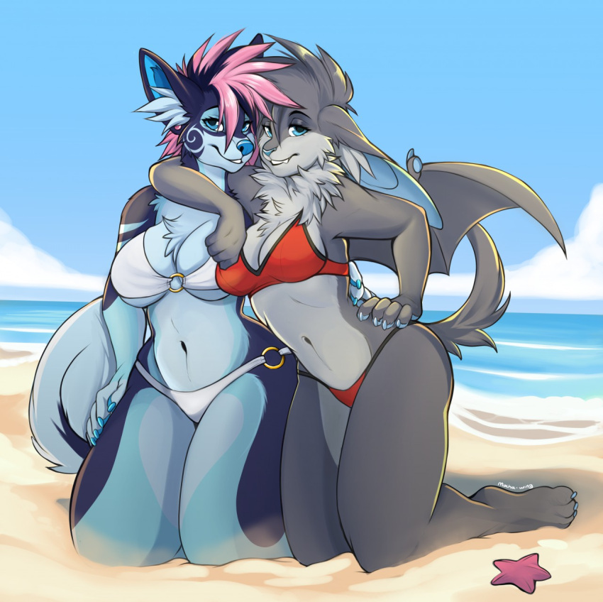 anthro arm_around_neck asterozoan bat_wings beach bikini breasts canid canine canis chest_tuft chiropteran cleavage clothed clothing cloud duo ear_piercing echinoderm female female/female flesh_tunnel fur gauged_ear grey_body grey_fur hair hand_on_hip hi_res looking_at_viewer mammal marine membrane_(anatomy) membranous_wings midriff mocha-wing outside piercing sand seaside sky small_wings smile spiky_hair starfish swimwear tuft water wings wolf