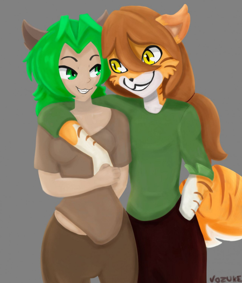 anthro canid canine canis cute_face duo felid female friends hi_res humanoid hybrid karen_taverndatter keidran male mammal natani_and_flora's_son pantherine smile tiger twokinds vozuke webcomic wolf