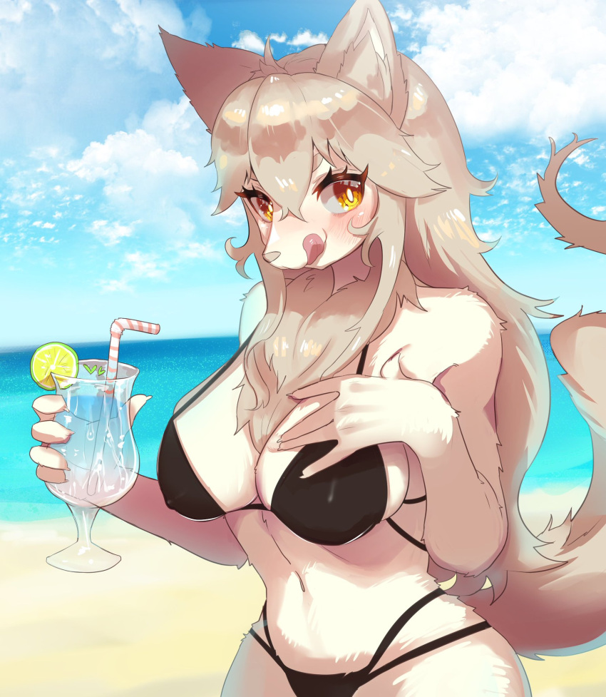 2021 5_fingers anthro beach beverage big_breasts blush breasts canid canine chest_tuft claws cleavage clothed clothing cloud cup day drinking_straw eyelashes female finger_claws fingers fluffy food fox fruit fur hair hi_res holding_beverage holding_object kemono licking licking_lips lime long_hair looking_at_viewer mammal navel neck_tuft nipple_outline onikuman outside plant portrait sand sea seaside sky solo swimwear tan_body tan_fur tan_hair tan_nose three-quarter_portrait tongue tongue_out tuft water yellow_eyes