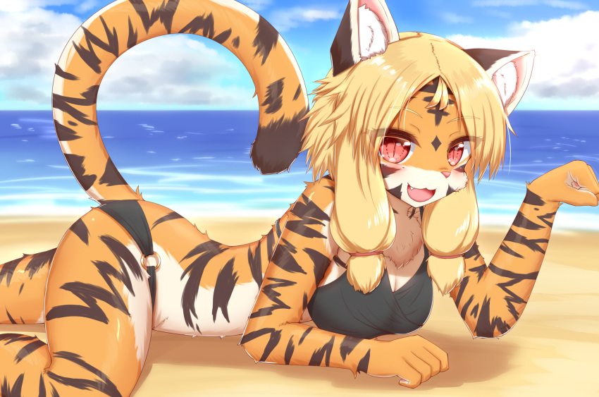 2021 5_fingers accessory anthro beach bikini black_body black_fur blonde_hair blush breasts cheek_tuft chest_tuft clothed clothing cloud cute_fangs day facial_markings facial_tuft felid female fingers fluffy fur gesture glistening glistening_hair hair hair_accessory hair_tie happy head_markings hi_res horokusa0519 inner_ear_fluff kemono looking_at_viewer lying mammal markings multicolored_body multicolored_ears multicolored_fur multicolored_tail on_front open_mouth open_smile orange_body orange_fur outside pantherine paw_pose pink_nose pose pupils red_eyes sand sea seaside sky slit_pupils smile smiling_at_viewer solo swimwear tiger tongue tuft water white_body white_fur