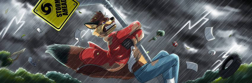 absurd_res anthro canid canine clothed clothing debris fox fully_clothed hi_res male mammal mud raining solo storm tornado wind wolfexorcistx