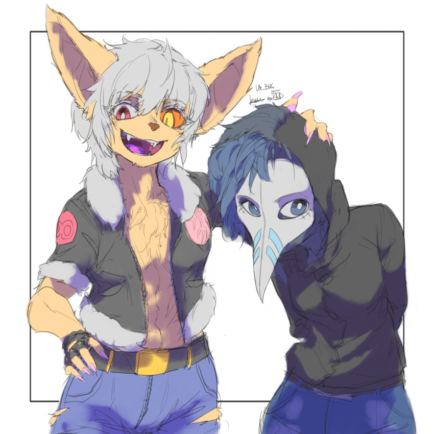 1:1 anthro basitin big_ears clothing duo eugeniyburnt_(character) fan_character female friends hair hecate_(character) heterochromia hi_res jacket leather leather_clothing leather_jacket leather_topwear male monster silver_hair smile topwear twokinds webcomic