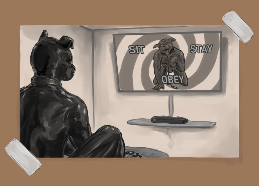 anthro canid canine canis collar domestic_dog hypnosis male mammal mind_control monochrome pup_play rubber sepia solo television vidnix_(artist)