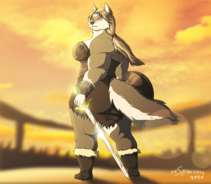 2020 5_fingers amazon anthro armor big_breasts black_nose boots bracers breasts butt canid canine canis clothed clothing colosa_(xxsparcoxx) crown digital_media_(artwork) female fingers footwear fur fur_trim_(clothing) grey_body grey_fur hair holding_object holding_sword holding_weapon lens_flare looking_back mammal melee_weapon multicolored_body multicolored_fur muscular muscular_anthro muscular_female ponytail rear_view shield side_boob signature solo standing sword tiara two_tone_body two_tone_fur weapon white_body white_fur wolf xxsparcoxx