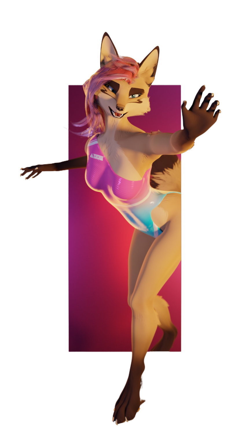 3d_(artwork) 9:16 alpha_channel anthro breasts canid canine canis claws clothed clothing digital_media_(artwork) female fox fur hair hi_res impreza looking_at_viewer mammal open_mouth outside pink_hair simple_background solo swimwear tan_body tan_fur tridognait