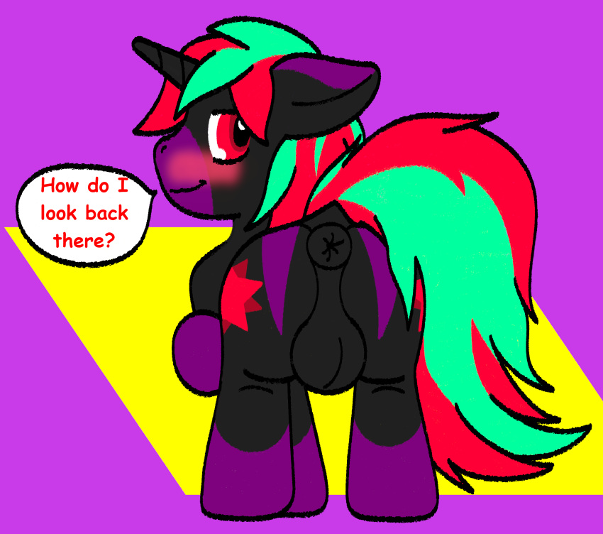 absurd_res anus balls blush butt cutie_mark dragman equid equine fan_character feral friendship_is_magic genitals hasbro hi_res horn horse looking_back male mammal my_little_pony nude pony simple_background solo speech_bubble unicorn