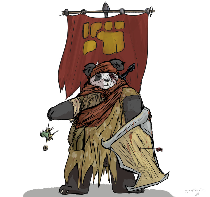 anthro bandanna banner black_and_white_fur black_body black_fur brown_body brown_fur cloak cloak_only clothed clothing dominant duo fur giant_panda green_cloak hanging_(disambiguation) hi_res kerchief male mammal melee_weapon mouse mouse_guard murid murine rat rodent scottish_dark_hawk_(artist) shadow shield simple_background size_difference sword ursid weapon white_background white_body white_fur