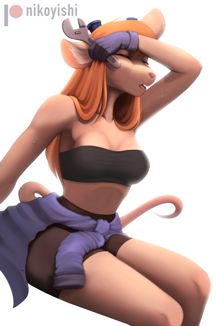 absurd_res anthro avoid_posting bandeau better_version_at_source blonde_hair bodily_fluids breasts chip_'n_dale_rescue_rangers clothed clothing crop_top digital_media_(artwork) digital_painting_(artwork) disney eyewear female gadget_hackwrench goggles hair hi_res jacket_around_waist mammal mouse murid murine nikoyishi open_mouth patreon patreon_logo patreon_username rodent shirt simple_background sitting solo sweat tools topwear wrench