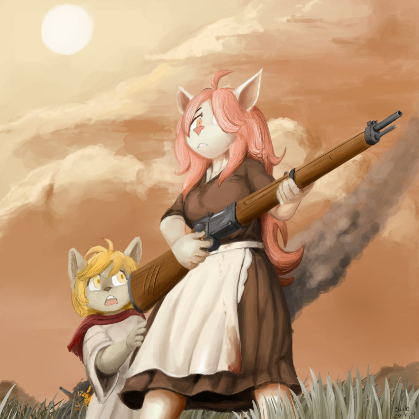 1:1 absurd_res anthro battlefield blonde_hair bloody_clothing bottomwear canid caninu clothing cyberconnect2 duo felid felineko female fire fuga:_melodies_of_steel gun hair hanna_fondant hi_res holding_gun holding_object holding_weapon little_tail_bronx mammal mei_marzipan ranged_weapon red_hair skirt suule tank vehicle video_games weapon yellow_eyes young