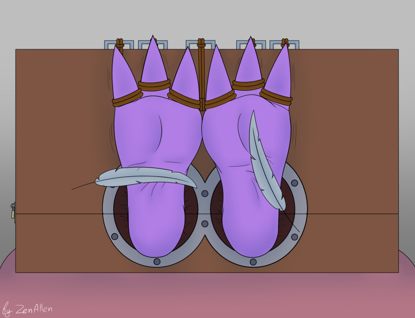 anthro bdsm bondage bound dragon feathers feet fingers hi_res male rope rope_bondage shaking solo stocks tickle_fetish tickle_torture tickling tickling_feet trembling zen_allen zen_allen_(zenallen)