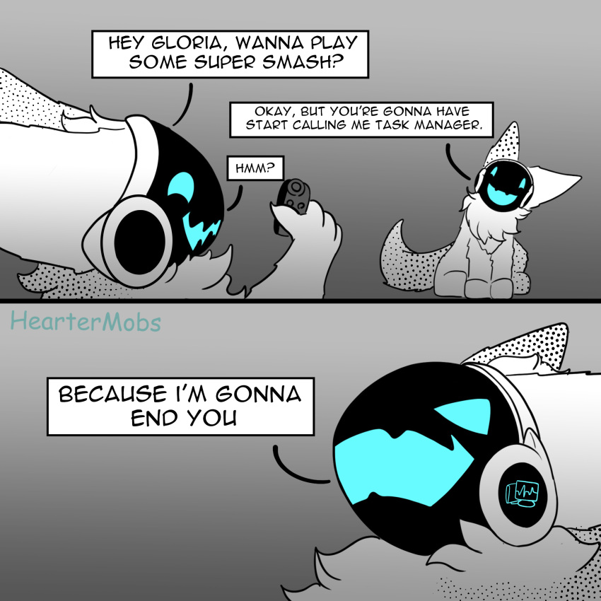 1:1 2021 ambiguous_gender comic dialogue digital_media_(artwork) duo english_text feral fur gloria_(heatermobs) gradient_background grey_background heartermobs hi_res holding_object humor machine protogen simple_background sitting speech_bubble spot_color text visor