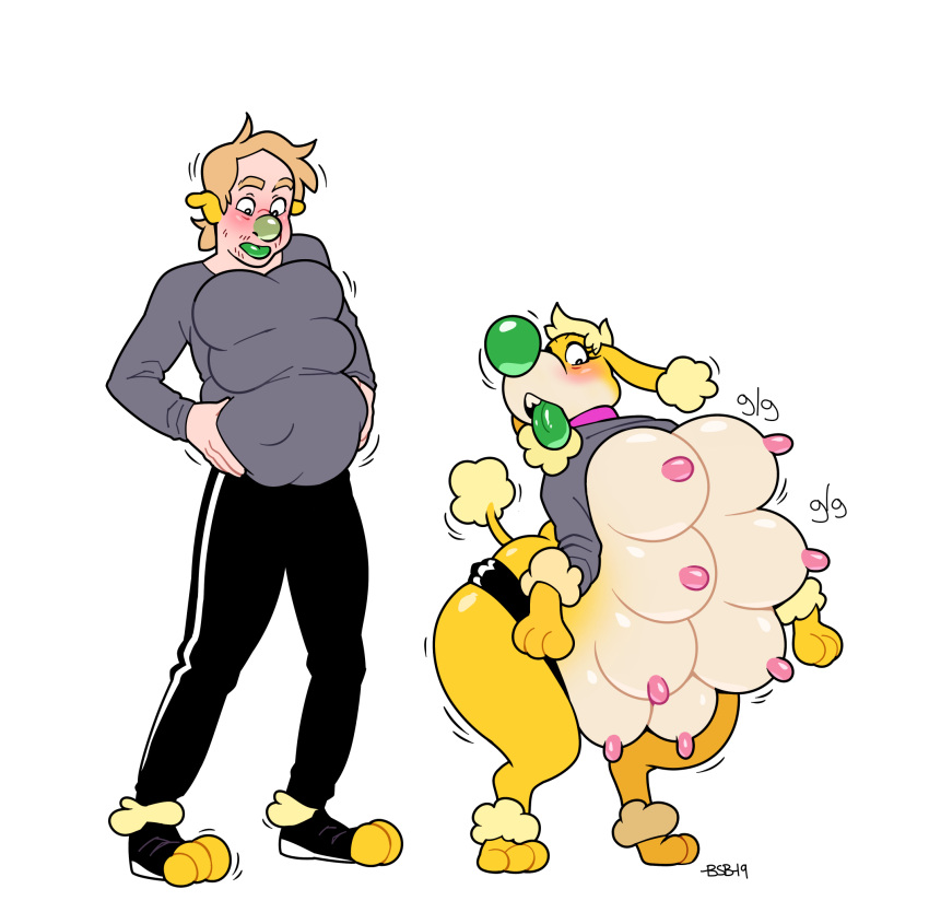 2019 8_breasts anthro blackshirtboy bottomwear breast_growth breasts canid canine canis clothing domestic_dog female footwear gender_transformation green_nose green_tongue growth hi_res human_to_anthro mammal mtf_transformation multi_breast multi_breast_growth nipples pants poodle sequence shirt shoes short_stack shrinking size_transformation solo species_transformation standing surprise tail_growth tongue topwear transformation wide_hips yellow_body