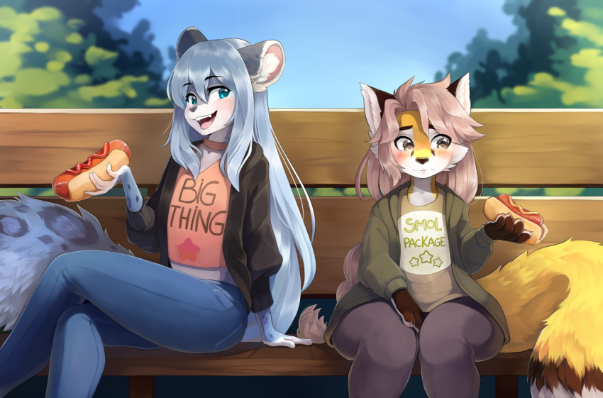 anthro bench blue_body blue_eyes blue_fur blue_hair blush bottomwear bread canid canine clothing collar crossed_legs day denim denim_clothing duo felid food fox fur girly grey_eyes hair hot_dog inner_ear_fluff jacket jeans ketchup long_hair looking_aside male mammal mustard open_mouth open_smile outside pantherine pants pink_clothing pink_shirt pink_topwear resine shirt sitting skinny slim smile snow_leopard talilly thick_thighs topwear tuft wide_hips