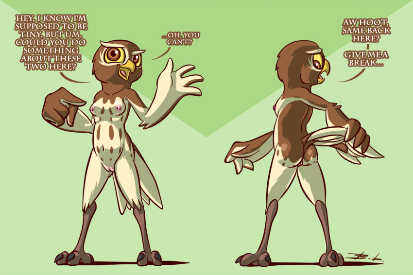 2021 3_toes 4_fingers anthro anthrofied avian bassybefuddle beak bird bird_feet black_claws black_pupils breaking_the_fourth_wall breasts brown_body brown_eyes brown_feathers claws dialogue elf_owl english_text feathers feet female fingers front_view genitals green_background guardians_of_ga'hoole gylfie hind_toe looking_back looking_down looking_up multiple_angles nipples nude owl pink_nipples pink_pussy pupils pussy raised_arm rear_view simple_background small_breasts small_butt solo tail_feathers tail_grab tan_body tan_feathers text toes true_owl yellow_beak yellow_sclera