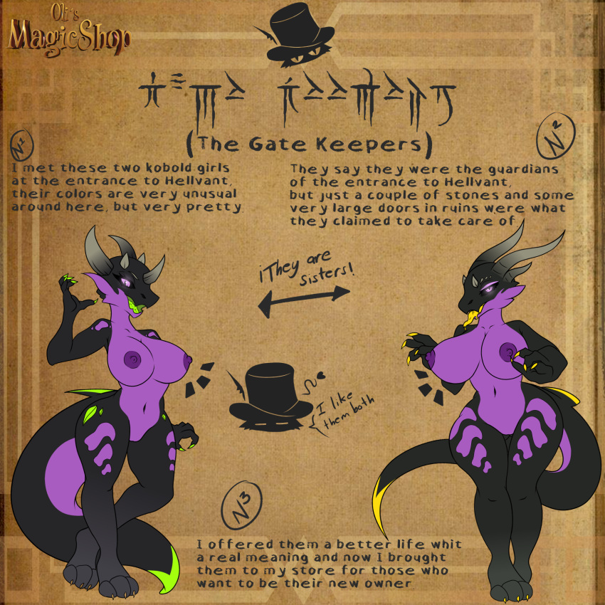 1:1 alonsoart anthro anus big_breasts big_butt breasts butt claws dargon domestic_cat duo english_text felid feline felis female female/female gatekeeper genitals hi_res horn kobold magic mammal model_sheet oli pinup pose pussy sibling sister sisters slave text tongue