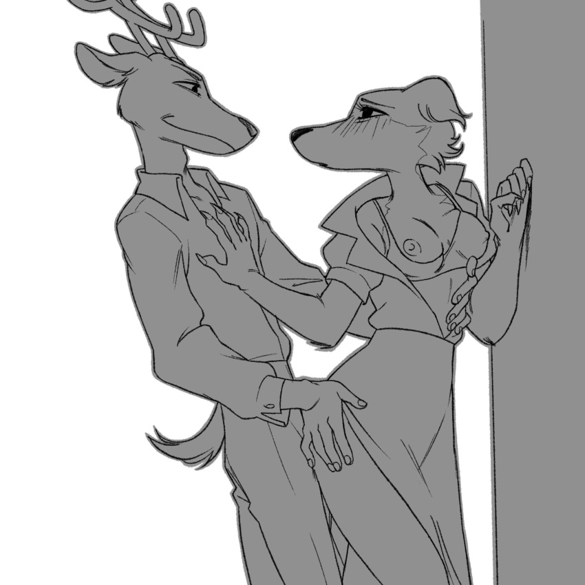 1:1 2021 anthro anthro_on_anthro beastars blush bra breasts canid canine canis cervid cervine clothed clothing duo female greyscale hi_res humanoid_hands interspecies juno_(beastars) louis_(beastars) male male/female mammal monochrome naughty_face nipple_outline nipples one_breast_out partially_clothed peteko red_deer smile smirk underwear wolf