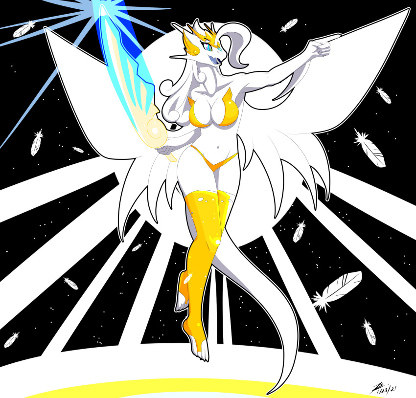 angel anthro big_breasts bludraconoid breasts curvy_figure dragon feathered_wings feathers female hi_res melee_weapon mia_(bludraconoid) navel solo sword voluptuous weapon white_body wings