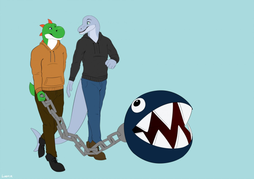 anthro cetacean chain chain_chomp chain_leash clothed clothing delphinoid duo leash looking_at_another luca male male/male mammal marine mario_bros nintendo simple_background toothed_whale video_games walking yoshi