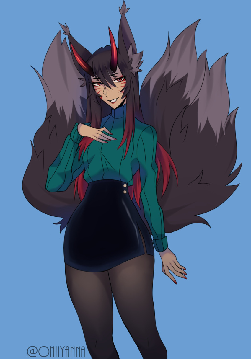 2021 3_tails 5_fingers absurd_res asian_mythology clothing demon digital_media_(artwork) east_asian_mythology female fingers fox_tail hair hi_res horn humanoid inner_ear_fluff japanese_mythology leggings legwear multi_tail mythology not_furry oni oniiyanna solo sweater topwear tuft yōkai