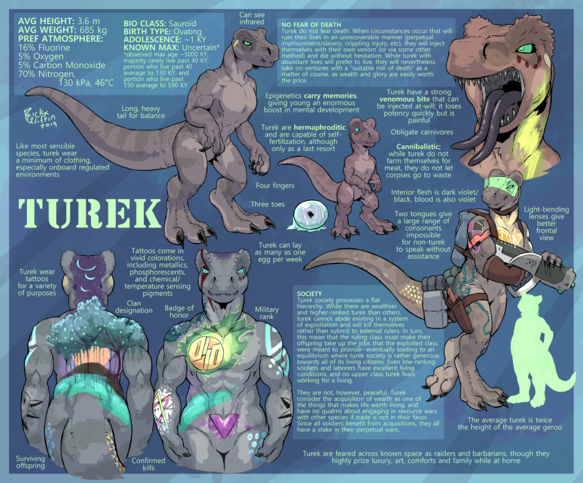2019 3_toes 4_fingers anthro backpack barefoot big_tail biped blue_background claws digital_media_(artwork) digitigrade dinosaur egg english_text featureless_crotch feet fingers forked_tongue green_eyes green_sclera grey_body grey_scales grey_tail grey_tongue gun hayven_celestia hi_res holding_gun holding_object holding_weapon long_tail male model_sheet naturally_censored nude open_mouth ranged_weapon reptile rick_griffin scabbard scales scalie sharp_teeth sheathed_weapon signature simple_background solo tail_bag tattoo teeth text thick_tail toe_claws toes tongue tongue_out turek visor weapon