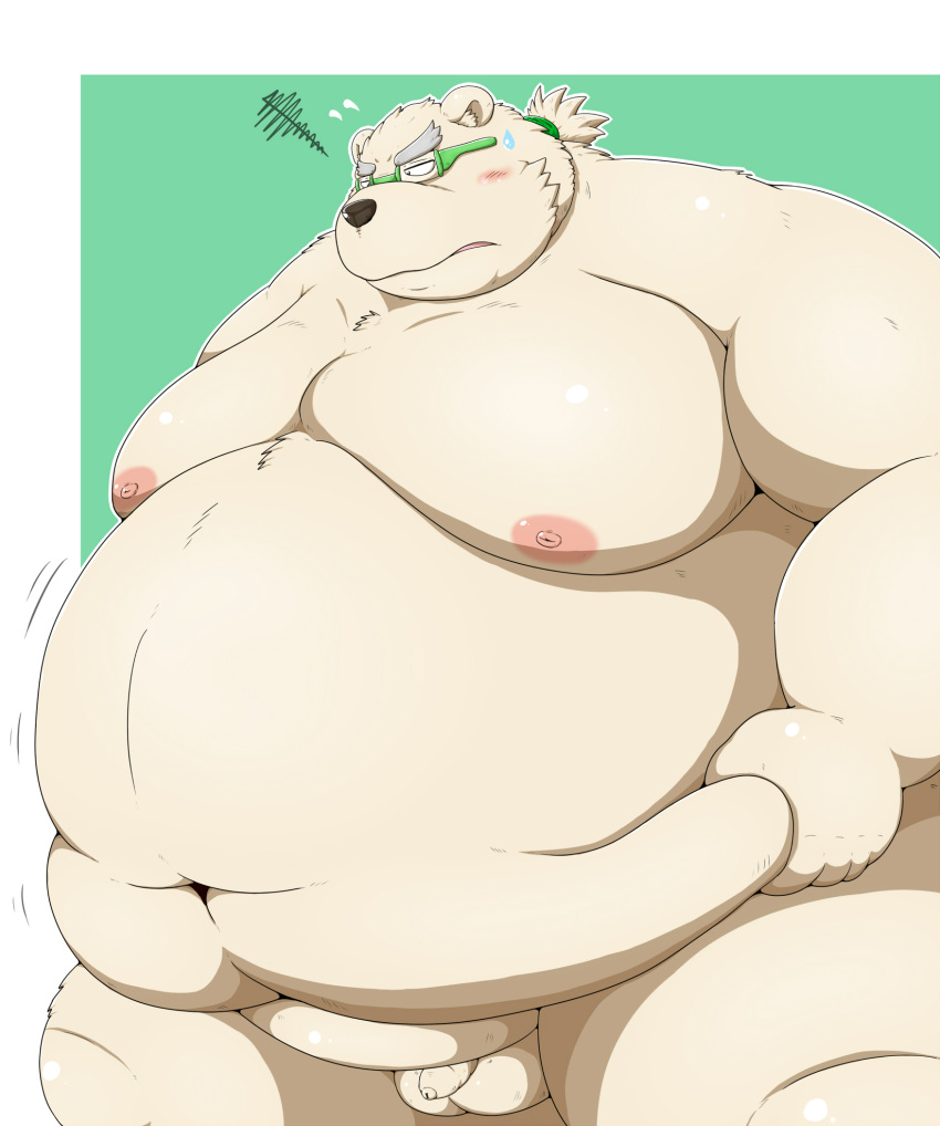 2021 anthro balls belly big_breasts blush breasts burenai eyewear fur genitals glasses hi_res kemono leib_(tas) male mammal moobs navel nipples obese obese_male overweight overweight_male penis polar_bear simple_background small_penis solo tokyo_afterschool_summoners ursid ursine video_games white_body white_fur