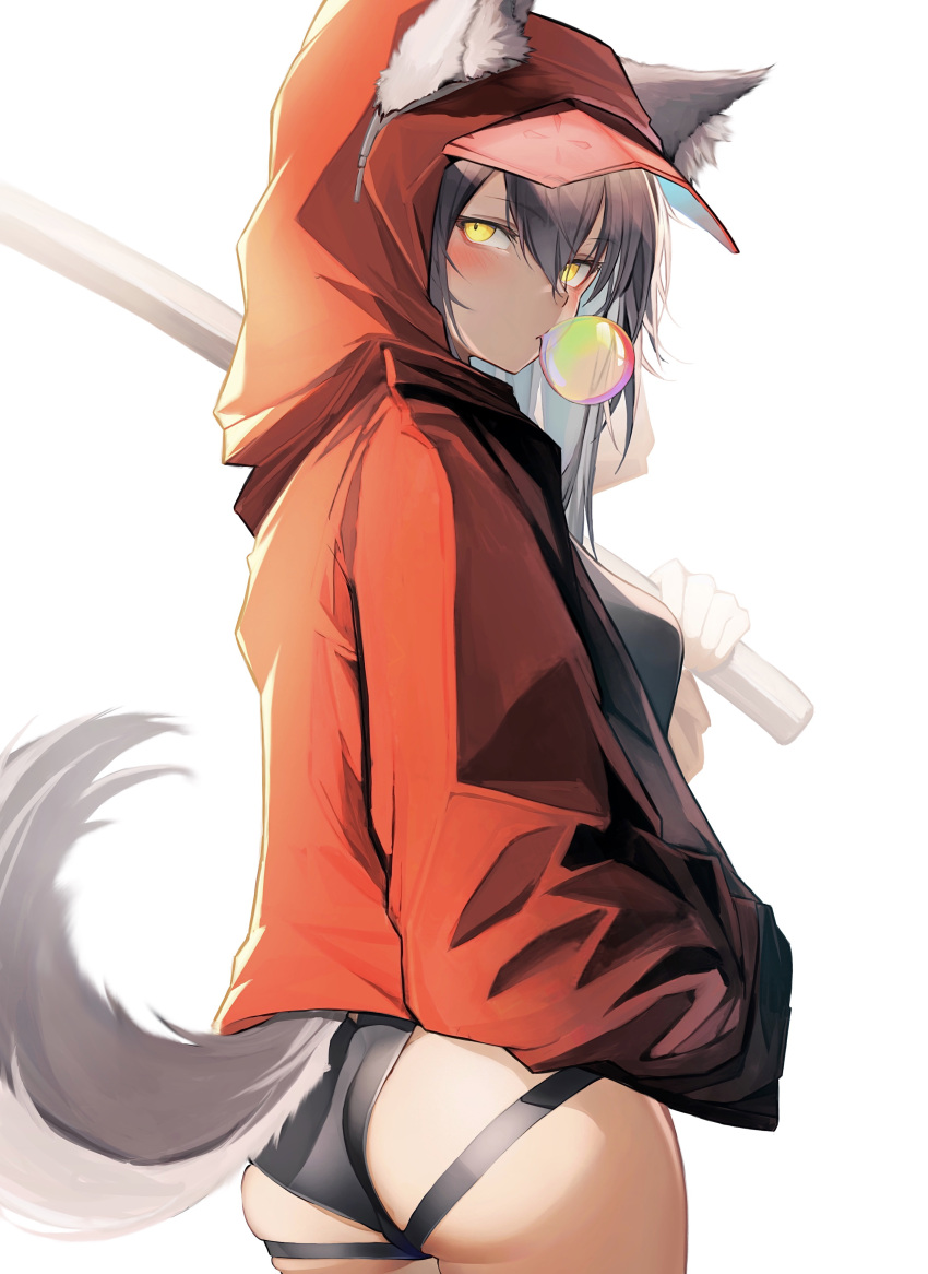 2020 5_fingers absurd_res animal_humanoid arknights baseball_cap blush breasts bubble bubble_gum butt canid canid_humanoid canine canine_humanoid clothing female fingers fluffy fluffy_ears fluffy_tail fur furgonomics grey_body grey_fur grey_hair hair half-closed_eyes hat headgear headwear hi_res holding_object holding_weapon hoodie humanoid hypergryph inner_ear_fluff looking_at_viewer looking_back mammal mammal_humanoid melee_weapon narrowed_eyes portrait projekt_red_(arknights) side_boob simple_background solo studio_montagne tabhead three-quarter_portrait topwear tuft two_tone_tail underwear video_games weapon white_background white_body white_fur wolf_humanoid yellow_eyes