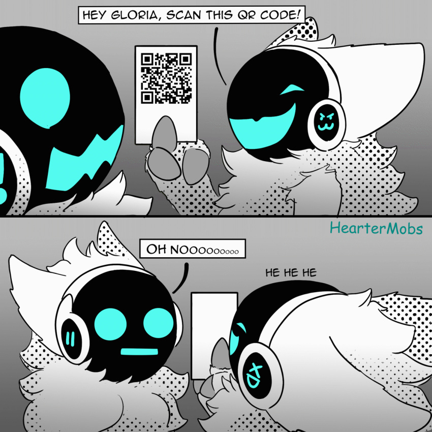 1:1 2021 3_fingers ambiguous_gender animated anthro comic dialogue digital_media_(artwork) duo english_text fingers gloria_(heatermobs) grey_background heartermobs hi_res holding_object machine meme protogen qr_code rick_astley rick_rolled screen short_playtime simple_background speech_bubble text visor