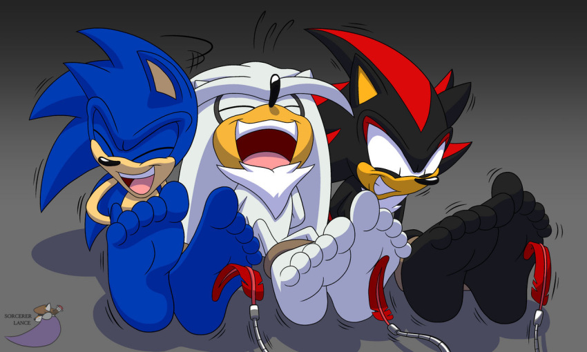 5:3 barefoot eulipotyphlan feathers feet foot_fetish group hedgehog laugh male mammal sega shadow_the_hedgehog silver_the_hedgehog soles sonic_the_hedgehog sonic_the_hedgehog_(series) sorcererlance tickling toes trio