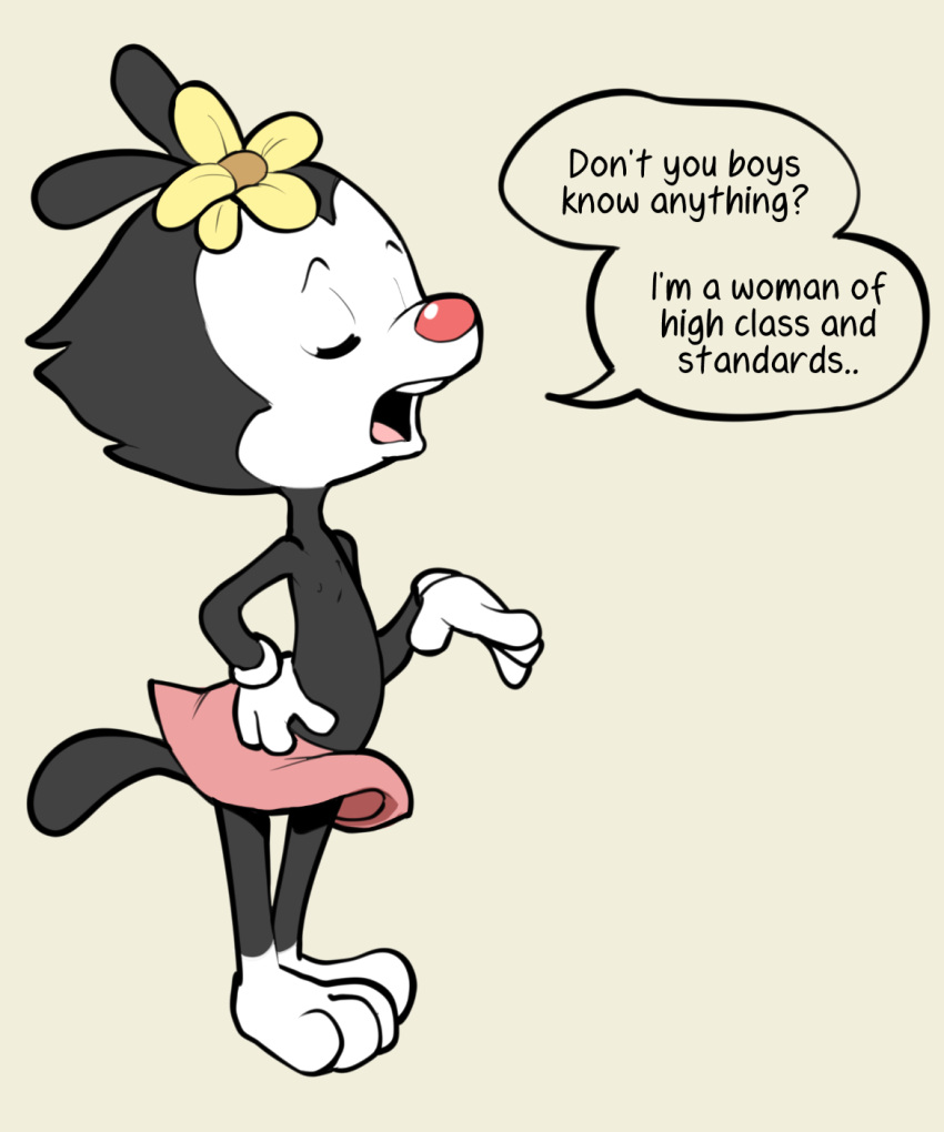 animaniacs anthro black_body bottomwear canid canine canis clothed clothing dialogue domestic_dog dot_warner english_text eyes_closed female hand_on_hip hi_res inkblot itsunknownanon mammal open_mouth pink_bottomwear pink_clothing pink_skirt red_nose shirtless skirt solo speech_bubble standing text topless topless_female warner_brothers