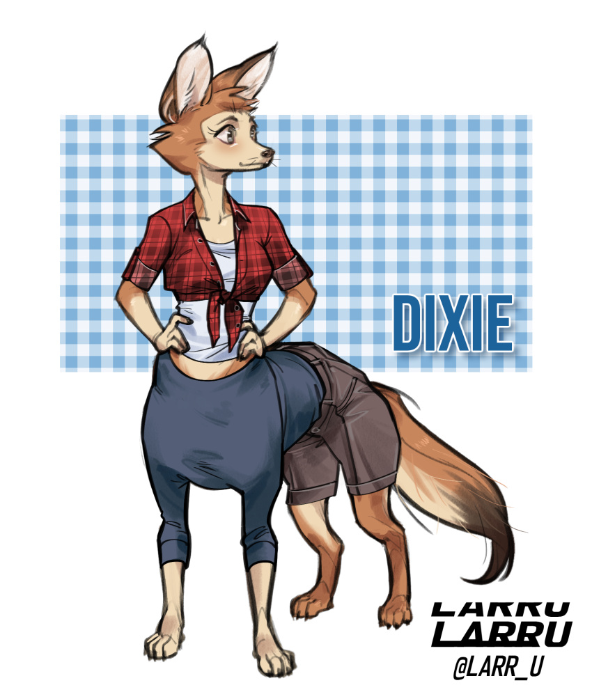 bottomwear brown_body canid canid_taur canine canine_taur clothing dixie_seterdahl female fox fox_taur furgonomics gynomorph_(lore) hi_res larru-larru mammal mammal_taur paintbrush_tail shirt shorts solo taur tied_shirt topwear