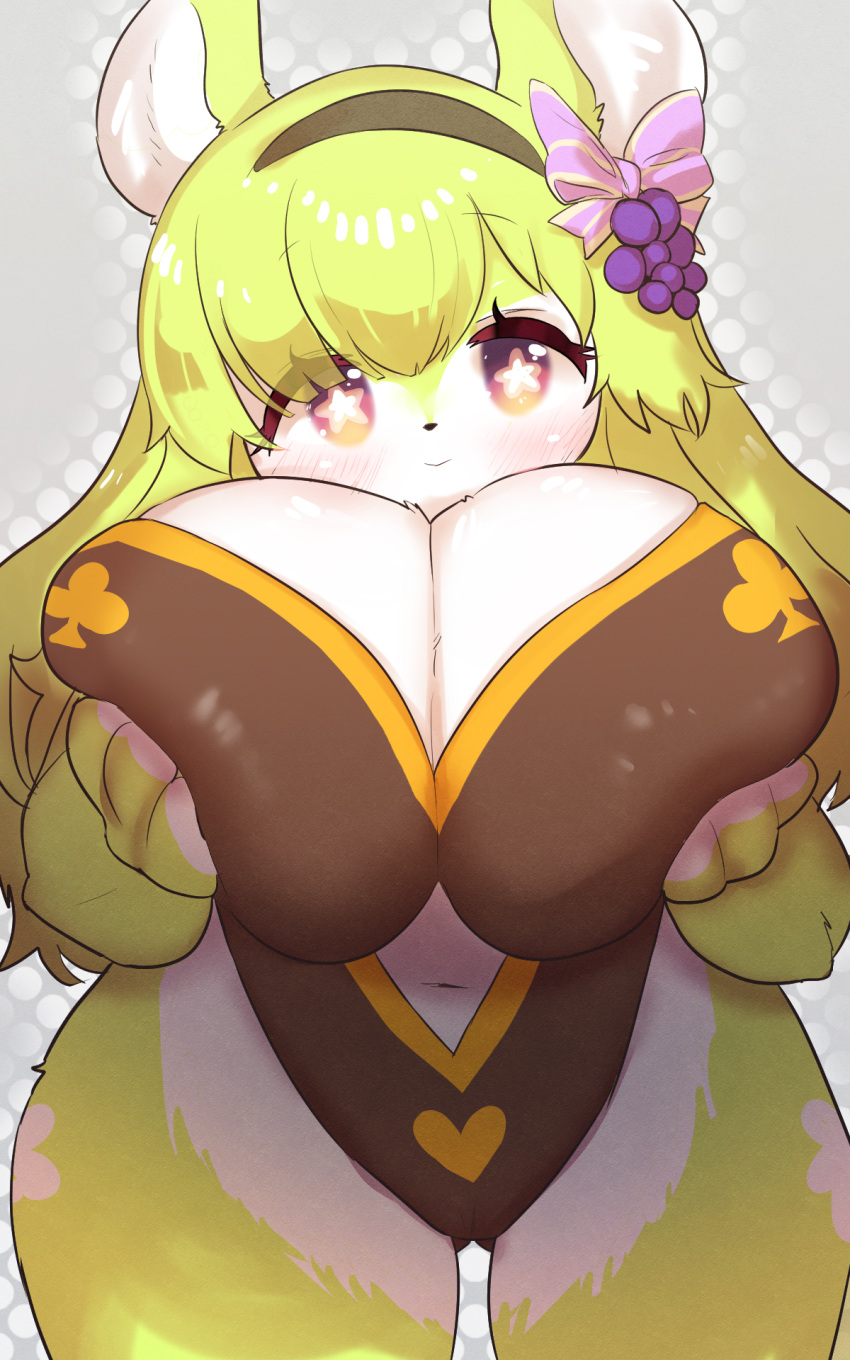 &lt;3 10:16 2021 accessory akino_(mochi_tap_wonderland) anthro big_breasts blush breast_squish breasts cleavage clothed clothing female fingers fur green_body green_fur green_hair hair hair_accessory hi_res huge_breasts kemono long_hair looking_at_viewer mammal mochi_tap_wonderland multicolored_body multicolored_fur navel onikuman portrait rodent sciurid short_stack solo squish star_eyes star_pupils thick_thighs thigh_gap three-quarter_portrait two_tone_body two_tone_fur white_body white_fur