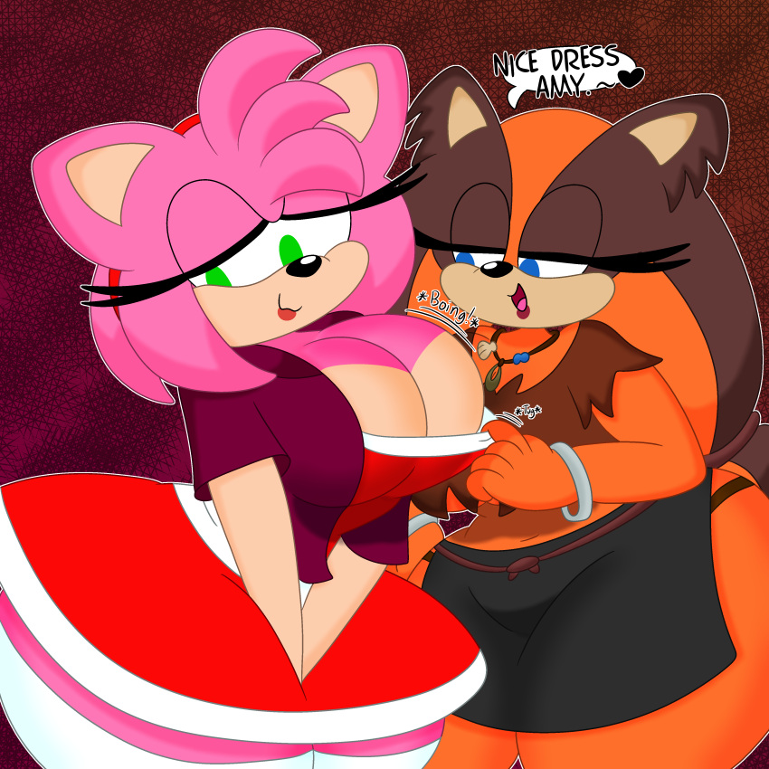 1:1 2021 3barts absurd_res accessory amy_rose anthro badger bedroom_eyes big_breasts blue_eyes bottomwear bouncing_breasts bracelet breasts brown_body brown_fur brown_hair cleavage clothed clothing clothing_pull crop_top curvy_figure dialogue digital_media_(artwork) dress dress_pull english_text eulipotyphlan eyelashes female female/female fingers fur green_eyes hair headband hedgehog hi_res hourglass_figure huge_breasts jewelry loincloth mammal midriff midriff_baring_shirt multicolored_body multicolored_fur multicolored_hair mustelid musteline narrowed_eyes navel necklace orange_body orange_fur orange_hair panties panty_shot pink_body pink_fur pink_hair seductive sega shirt simple_background solo sonic_boom sonic_the_hedgehog_(series) standing sticks_the_jungle_badger tan_body tan_fur text thick_thighs topwear under_boob underwear voluptuous wide_hips