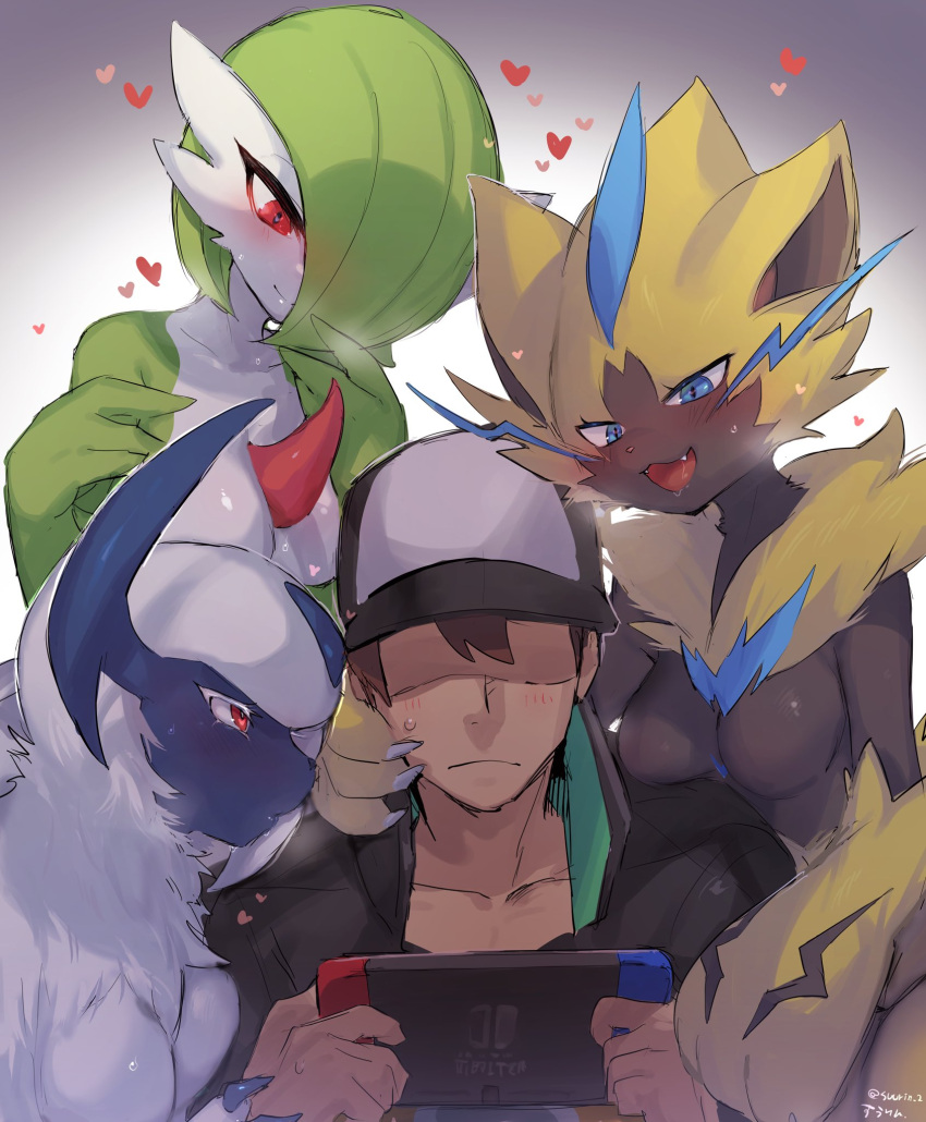 &lt;3 2021 absol anthro big_breasts blush bodily_fluids breasts clothing female gardevoir group hat headgear headwear hi_res humanoid ksyaro legendary_pok&eacute;mon male nintendo nintendo_switch pok&eacute;mon pok&eacute;mon_(species) sweat video_games zeraora